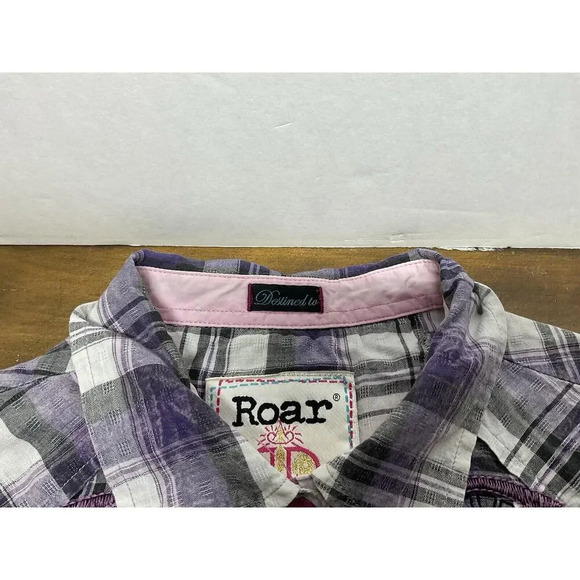 Roar Woman Western M Button Up Long Sleeve Blue Purple Embroidered Stretch Shirt - Picture 6 of 11